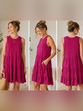 600 NWT Market & Spruce Taria Sleeveless Tiered Shift Dress Fuchsia Pink Size M